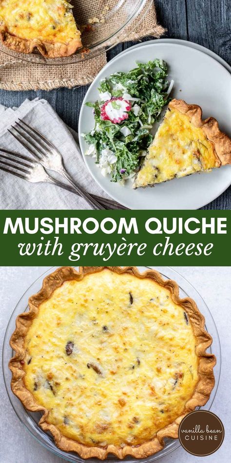 This savory Mushroom Quiche is a must-eat for mushroom lovers! Big mushroom flavor, paired with onions and gruyère cheese in a flaky crust. Great for breakfast, brunch, lunch, or dinner! Keto Mushroom Quiche, Quiche Recipes With Brie, Mushroom Gruyere Quiche, Gruyere Quiche Recipes, Mushroom Goat Cheese Quiche, Mushroom And Cheese Quiche, Mushroom And Onion Quiche, Springform Quiche, Mushroom Quiche Recipes