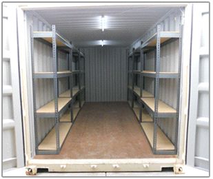 shelving Conex Storage Ideas, Storage Container Shop Ideas, Seacan Storage Ideas, Storage Container Shed, Shipping Container Storage Ideas, Container Shelving, Shipping Container Workshop, Container Garage, Shipping Container Sheds