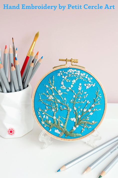 Van Gogh Embroidery, Van Gogh Painting, Wedding Embroidery, Almond Blossom, Van Gogh Paintings, Wooden Hoop, Hand Embroidery Art, Punch Needle, Vincent Van Gogh