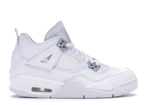 Women's Jordan 4 Retro Pure Money 2017 Sneakers in White/Metallic Silver/Pure Platinum Jordan 4 Retro Pure Money, Girls Wearing Jordans, Jordan 4 Pure Money, Shoe List, Nike Air Max 2017, Jordan 4 White, Sneaker Posters, Retro Jordans 11, Kids Sports Shoes