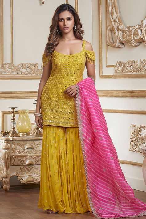 Yellow sharara garara suit design||latest sharara design||New garara suit design|| Sarara Dress Indian Weddings, Kurti Back Designs, Sharara Suit Designs Latest, Crop Top With Palazzo, Haldi Outfit For Bride, Sharara Design, Garara Suit, Sarara Dress, Suits Design Latest