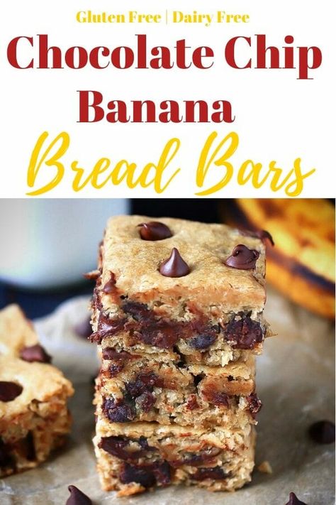 Chocolate Chip Banana Bread Bars are a simple and moist gluten free banana bars recipe. With a dairy free option these banana bread bars are an easy to make dessert or breakfast. The best banana bars on pinterest! ;) #bananabars #chocolatechipbars #glutenfree #bananabread #glutenfreebananabread Gluten Free Banana Bars, Gluten Free Banana Recipes, Banana Bars Recipe, Banana Chocolate Chip Bars, Df Meals, Banana Recipes Easy, Banana Bread Bars, Ripe Banana Recipe, Work Recipes