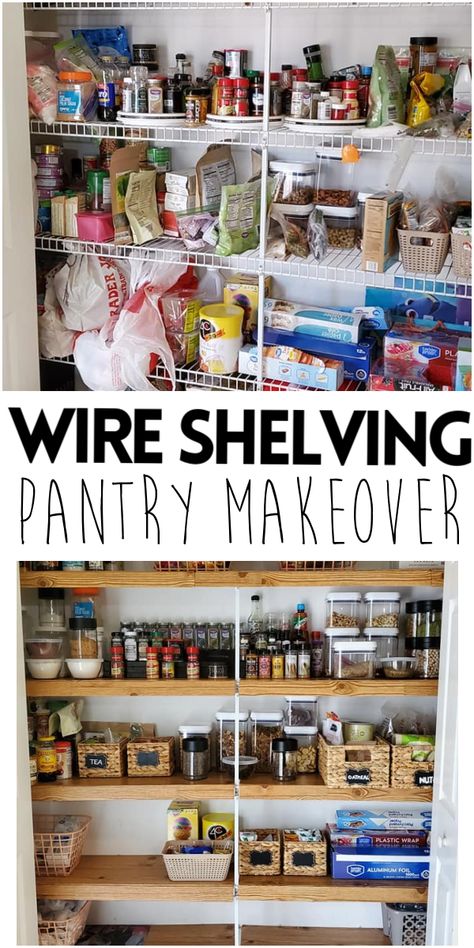 How to Cover Wire Shelving on a Budget- Pantry makeover before and after photo. Dollar Tree DIY project that looks like wood. Farmhouse makeover. Pantry Update Wire Shelves, Updating Pantry Shelves, Covering Wire Racks In Pantry, Wood Shelf Pantry Ideas, Pantry Design Wire Shelves, Pantry Rack Organization, Pantry Wire Shelf Organization, Kitchen Pantry Wire Shelving Ideas, Pantry Shelf Covering