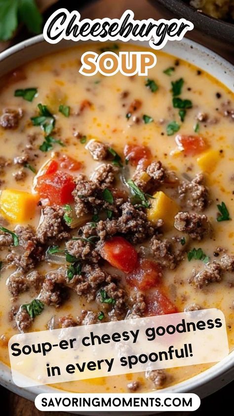 Looking for the ultimate comfort food? This creamy, cheesy Cheeseburger Soup combines all the flavors of a classic burger in a cozy, delicious bowl! Ground beef, cheddar cheese, and potatoes make this soup a must-try for any soup lover. Save this quick and easy recipe for busy days #cheeseburgersoup #comfortfood #easyrecipe #souplover #cheesysoup #groundbeefrecipes #quickdinner #weeknightdinner #heartymeals #fallrecipes Loaded Cheeseburger Soup, Cheese Burger Soup With Velveeta, Soup With Hamburger Meat, Creamy Cheeseburger Soup, Cheese Burger Soup, Burger Soup, Cheeseburger Soup Crockpot, Burger Ingredients, Venison Burgers