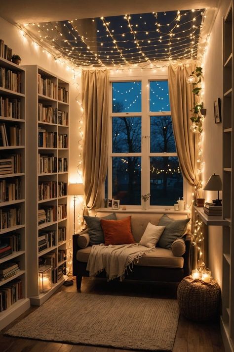 Ideas For Library Decoration, Sitting Nook Ideas Cozy Corner, Home Reading Nook Ideas, Book Room Inspiration, Cozy Dark Office, Reading Spot Ideas, Cosy Library Room, Cosy House Decor, Cosy Home Library