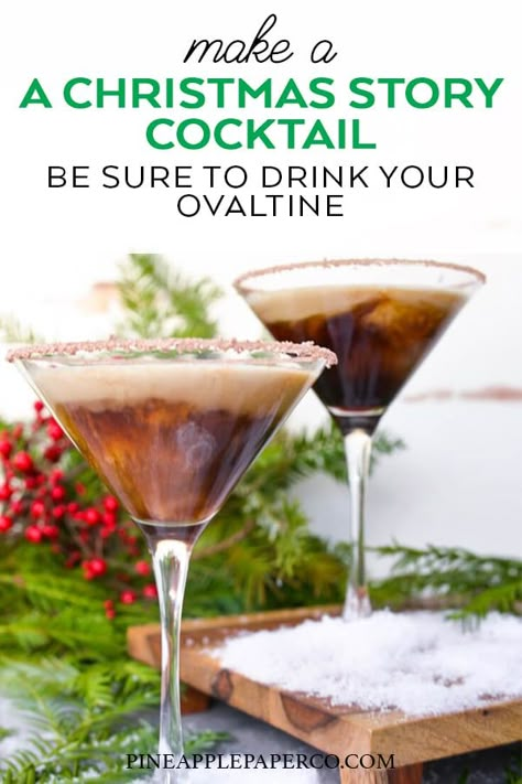 Make a Christmas cocktail inspired by A Christmas Story! A Christmas Story Ovaltine Martini - the Ovaltini! Be Sure to Drink your Ovaltine this Christmas #cocktailrecipe #drinkrecipe #christmascocktail #christmasdrink #christmasstory #christmasmovie #ralphie #ovaltine #whiterussianrecipe #martinirecipe #vodkacocktail #kahlua Christmas Story Party Ideas, White Russian Recipes, Christmas Vacation Movie, Christmas Cocktail, Martini Recipes, Christmas Classic, Enjoy Coffee, Dinner Themes, Vodka Cocktails