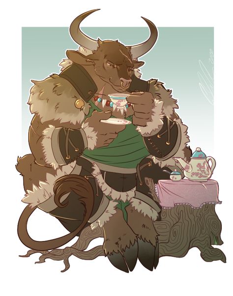 Yak Character Design, Highland Cow Minotaur, Minotaur Character Design, Dnd Races Character Design, Minotaur Dnd, Dnd Races, Dungeons And Dragons Characters, Dnd Art, Cow Art