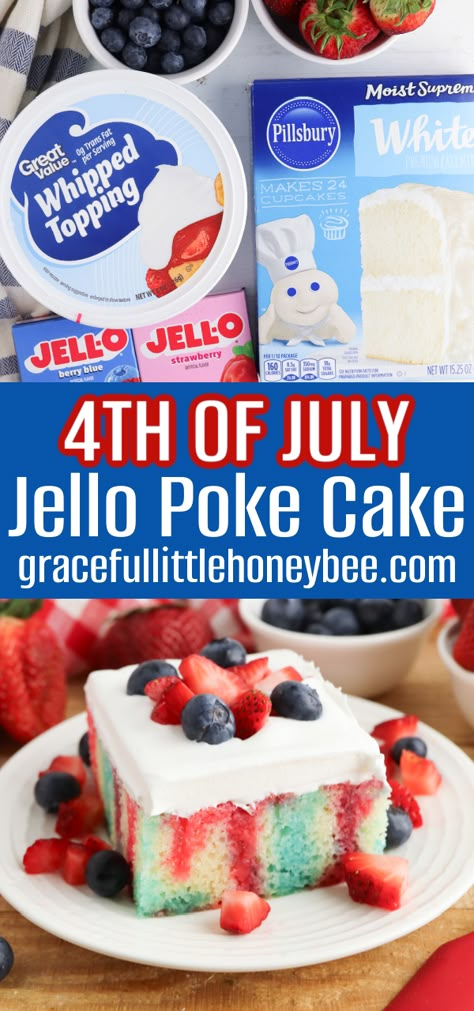 Try this quick and easy 4th of July Jello Poke Cake for a deliciously beautiful red, white and blue patriotic dessert that everyone of all ages will love! 4th Of July Poke Cake, Jello Poke Cake, Poke Cake Jello, Fourth Of July Cakes, Jello Cake, Patriotic Desserts, 4th Of July Cake, Lucky Leaf, Blue Desserts