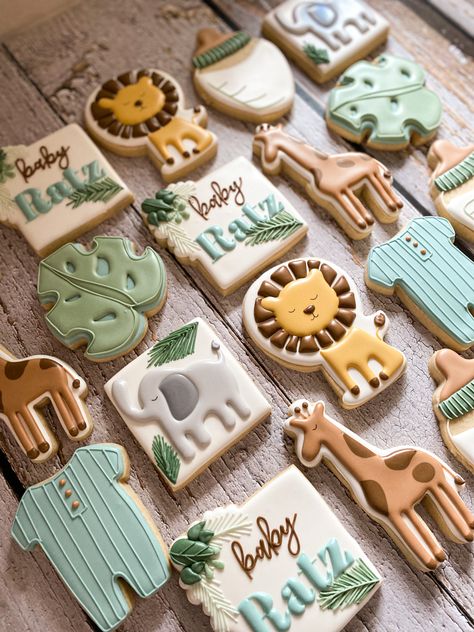 Safari Baby Shower Boy Cookies, Wild One First Birthday Cookies, Jungle Cookies Safari Party, Jungle Baby Shower Cookies, Safari Cookies Jungle Theme, Safari Baby Shower Cookies, Jungle Cookies, Jungle Theme Baby Shower Cake, Safari Animal Cookies