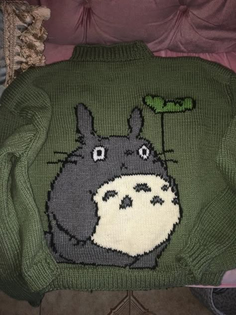 Totoro Crochet Shirt, Studio Ghibli Knit Sweater, Totoro Crochet Grid, Totoro Knitted Sweater, Studio Ghibli Knit, Studio Ghibli Knitting Patterns, Crochet Totoro Bag, Totoro Clothes, Ghibli Knitting