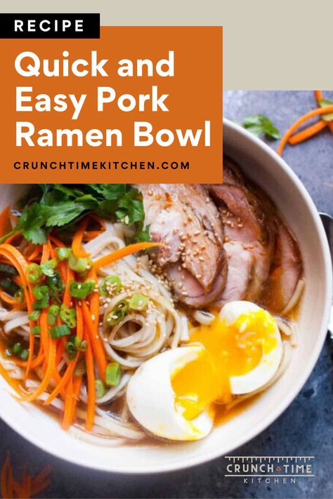 This quick Pork Ramen Bowl is amazing. This pork ramen soup recipe is a real weeknight dinner champion. If you want something quick and easy for dinner this pork ramen recipe is it. This is a great ramen bowl using food hacks and shortcuts to make one easy and healthy meal idea. Add a soft-boiled egg, some healthy and fresh cilantro, and shredded carrots, and enjoy this healthy comfort food tonight. Pork Ramen Recipe, Ramen Soup Recipes, Ramen Ingredients, Pork Ramen, Ramen Recipe, Homemade Ramen, Pork Soup, Shredded Carrots, Ramen Soup