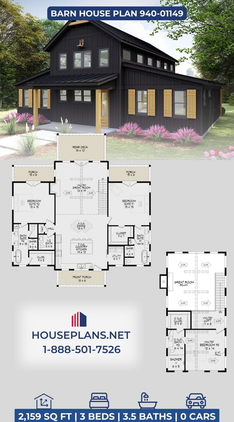 This 3 bedroom, 3 bathroom Barn house plan features 2,159 sq ft of living space. Barndominium Floor Plans With Attached Garage, Floor Plans For Barndominium, Open Plan Barndominium, 4 Bedroom Cabin Plans, Monitor Barndominium Floor Plans, 2000 Sf Barndominium Plans, 45x50 House Plans Layout, 30x30 Barndominium Floor Plans, Bardo Floor Plans