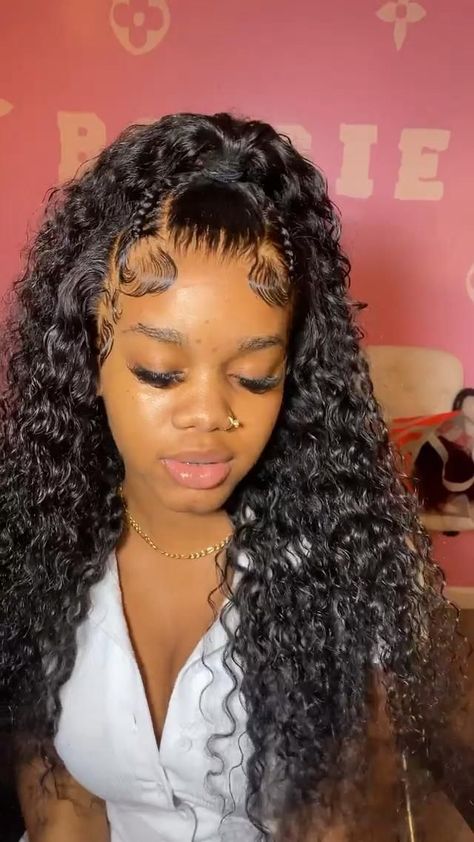 Prom Hairstyles For Black Women Deep Wave, Wet And Wavy Lace Front Wig Ponytail, Lace Wig With Braids, Deep Wave Curly Hairstyles, Soft Hairstyles Black Women, Curly Lace Front Wigs Hairstyles With Braids, Half Up Half Down Deep Wave Sew In, Frontal Styles Ideas Curly Hair, Deep Wave Wig With Two Braids