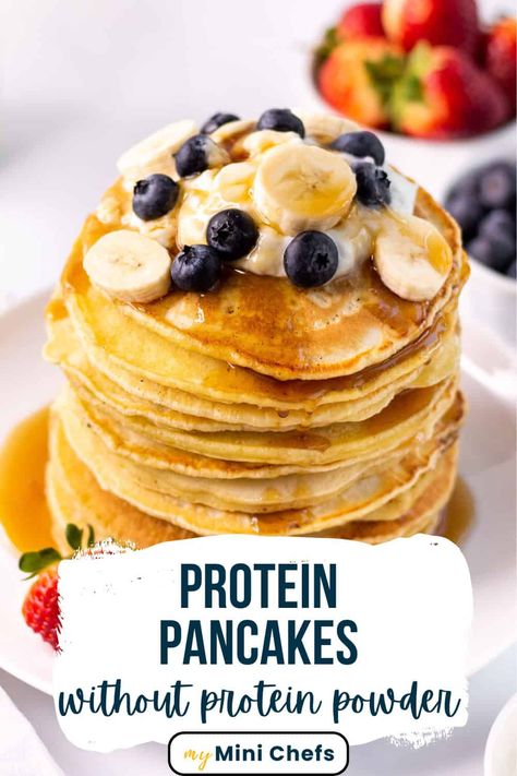 These delicious, super fluffy Protein Pancakes are made without protein powder, but just a few wholesome ingredients that are packed with nutrients. Wheat germ, ground flaxseed, whole wheat flour and bread flour create a protein loaded pancake recipe that makes an easy breakfast for everyone. Protein Pancakes Without Protein Powder, Protein Food Ideas, Vegan Protein Pancakes, Protein Snack Ideas, High Protein Meal Ideas, Protein Meal Ideas, Back To School Recipes, Protein Pancakes Recipes, Vegan Whipped Cream