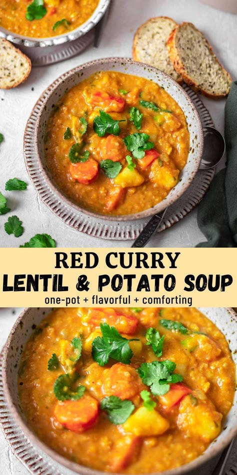 This Thai-style red curry potato lentil soup is the ultimate comforting dinner on a cold day. It combines the flavors and textures of Thai red curry and red lentil dhal and comes together in just one pot!This soup is one of our favourite easy weeknight dinners alongside my One-Pot Vegan Miso Ramen recipe. Even non-vegans will love this healthy vegan dinner! Potato Soup Healthy, Red Lentil Curry Soup, Easy Thai Red Curry, Potato Lentil Soup, Red Curry Lentils, Lentil Potato Soup, Lentil Dhal, Red Lentil Soup Recipe, Curried Lentil Soup