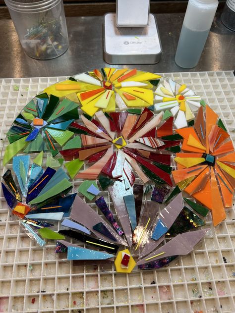 Fused Glass Mosaic, Vitrofusion Ideas, Fused Flowers, Candle Holder Tray, Fused Glass Bowl, Fused Glass Plates, Glass Fusion Ideas, Fused Glass Artwork, Glass Fusing Projects