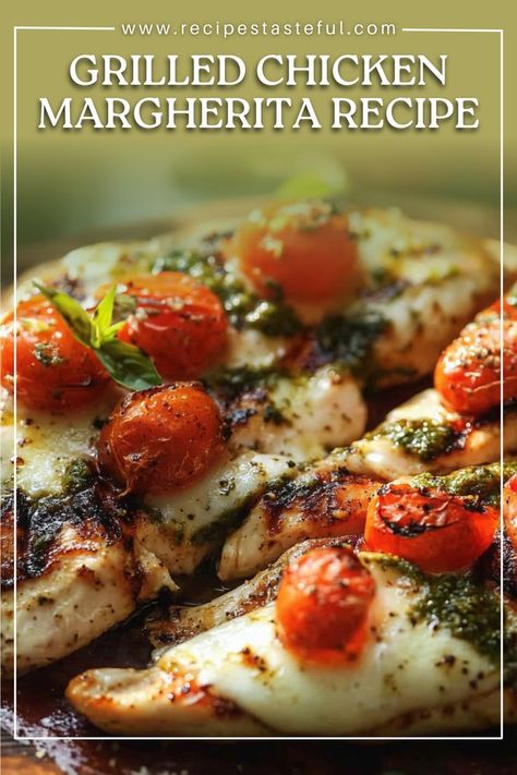 This Grilled Chicken Margherita is a delightful dish featuring tender grilled chicken breasts topped with creamy mozzarella, vibrant basil pesto, and fresh cherry tomatoes. It's perfect for a family dinner or a special occasion. Grilled Chicken Margherita, Margherita Recipe, Chicken Margherita, Grilled Chicken Tenders, Chicken With Italian Seasoning, Fancy Dinner Recipes, Fresh Cherry, Slow Cooked Meals, Grilling Chicken Breast