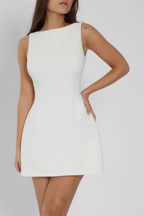 Estelle Sleeveless Bustier Mini Dress - White. Boat Neck White Dress Short, Short Structured Dress, White Boat Neck Dress, Classy White Dress Short, Graduation Outfit Ideas White Dress, Photoshoot Dress Ideas Outfit, Preference Dresses, Jet Photoshoot, White Graduation Dress College Classy