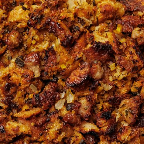 Herb and Sausage Stuffing Recipe | Bon Appétit Pecan Dressing, Sausage And Herb Stuffing, Bacon Treats, Sausage Stuffing Recipe, Stuffing Recipes For Thanksgiving, Sausage Stuffing, Sage Sausage, Herb Stuffing, Low Sodium Chicken Broth