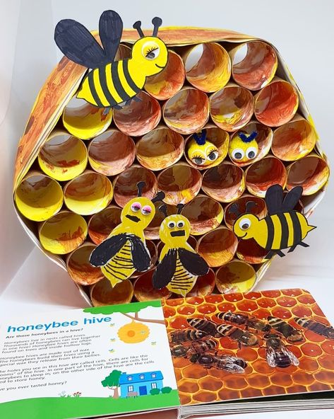 BUSY BEE HIVE⁣ Bees and I have history - last summer I was stung on the bottom of my foot - twice!!! It was not ideal. But when I found out… Bee Hive Craft, Bee Crafts For Kids, Bee Themed Classroom, Bee Activities, Quilled Creations, Garden Artwork, Garden Art Sculptures Diy, Bee Crafts, Bee Art