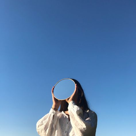 Hopeful Aesthetic Photography, Mirror Art Photography, Looking At Mirror Aesthetic, Poses With Clouds, Authenticity Aesthetic Photography, Hope Aesthetic Photography, Nature Details Photography, Blue Sky Photoshoot, Photos With Mirrors