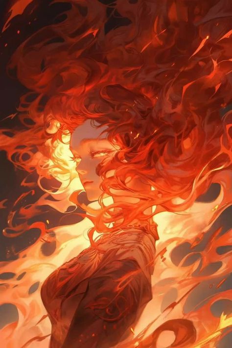 Play With Fire Aesthetic, World On Fire Art, Fire Hair Art, Fire Magic Art, Fire Hair Drawing, Fire Fantasy Art, Fire Genasi Female Dnd, Fire Character Design, Fire Person