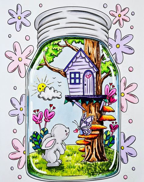 Easter bunny. First page in a new book: Magical Jars - Creative Heaven which is the same as Coloring book cafe. Illustrator: Hristina… | Instagram Jar Coloring Page, Book Cafe, Spectrum Noir, Glass Work, Glitter Pens, Alcohol Markers, First Page, Easter Bunny, Glass Jars