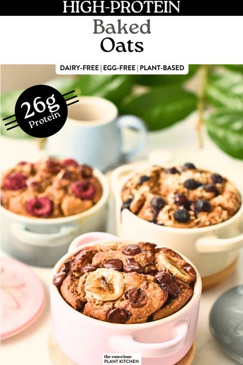 High Protein Baked Oats Vegan Protein Baked Oats, High Protein Baked Oatmeal Recipes, Baked Oats Protein, High Protein Baked Oats, Protein Baked Oats, Conscious Plant Kitchen, Vegan Baked Oatmeal, Protein Bowl, High Protein Breakfast Recipes