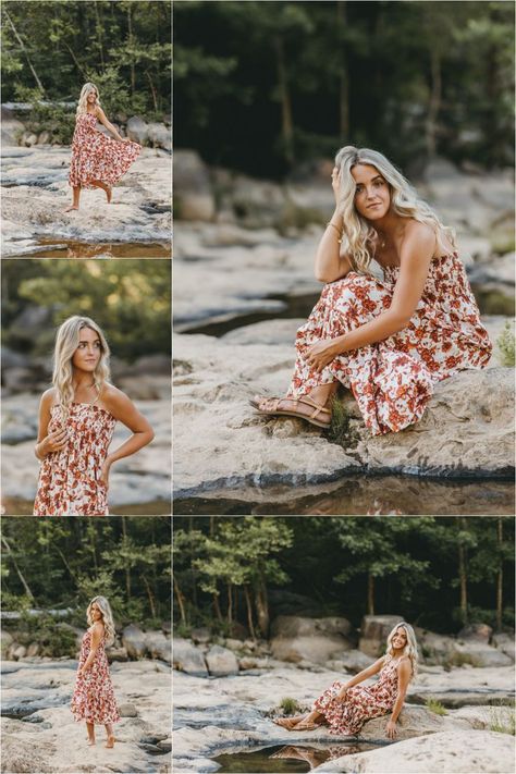 River Photo Shoot Ideas, Senior Picture Ideas River, River Poses Photo Ideas, Senior Pictures Water, Senior Portraits Outfits, Pretty Senior Pictures, River Shoot, Senior Pictures Dresses, River Photos