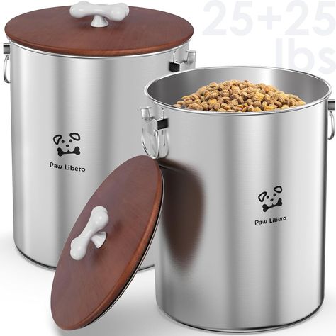 Amazon.com: 2PK 24-25 Lbs total 50 lbs Stainless Steel Airtight Dog Food Containers with Wooden Lid to Keep Fresh, Metal Dog Food Storage Container with Ceramic Handle, Easy Clean Dog Food Bin, Cat Food Container : Pet Supplies Large Dog Food Storage, Dog Food Bin, Metal Bins, Pet Food Storage Container, Dog Food Storage Containers, Pet Food Container, Pet Food Containers, Dog Food Container, Pet Area