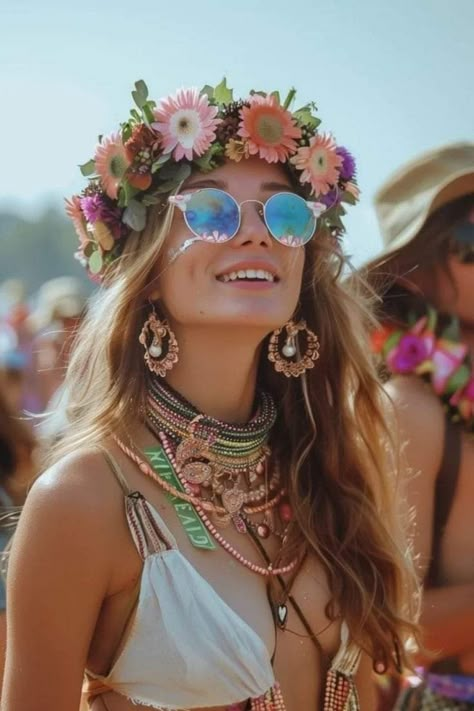 Coachella Hair Ideas, Coachella Hair Braid, Festival Themed Party Outfit, Flower Power Outfit, Music Festival Outfits Rave, Hippie Style 70s, Coachella Hairstyles, Coachella Aesthetic, Hairstyle Ideas For School