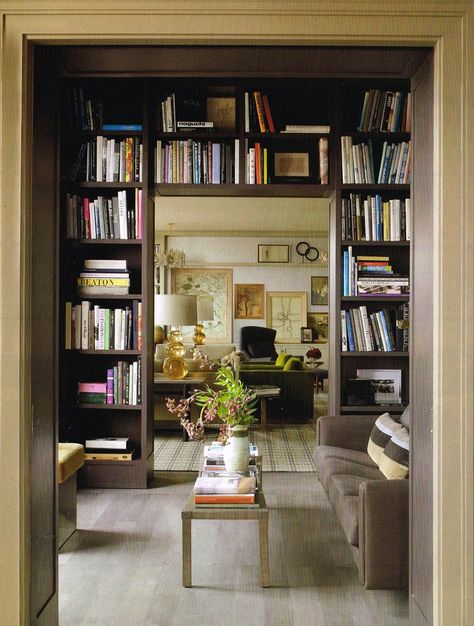 Bookshelves to form a cased opening instead you're standard drywall. Would love to have this but no where for it. Handmade Bookshelf, Grey Bookshelves, Couple Apartment, Bookshelf Design, Home Libraries, New York Apartment, Design Del Prodotto, Home Library, Style At Home