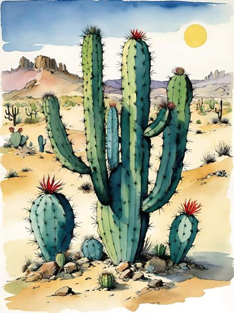 Saguaro Cactus Painting, Cactus Drawings, Cactus Watercolor Painting, Flowers For Drawing, Cactus Flower Painting, El Cucuy, Succulents Art, Southwest Christmas, Cactus Paintings