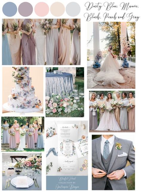 Blog post full of ideas and inspiration for a "Mauve, Dusty Blue, Blush and Peach" Wedding color palette Dusty Blue Lavender And Blush Wedding, Lilac Blush And Blue Wedding, Dusk Color Palette Wedding, Pastel Color Scheme Wedding, Wedding Motiff 2023, Mauve Dusty Blue Wedding, Dusty Blue Blush And Gold Wedding, Dusty Blue Mauve And Blush Wedding, Dusty Color Palette Wedding