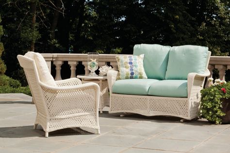 Grand Traverse | Lloyd Flanders Glider Replacement Cushions, Wicker Side Table, Wicker Loveseat, Lloyd Flanders, Patio Loveseat, Cottage Inspiration, Outdoor Loveseat, Outdoor Lounge Set, Front Lawn