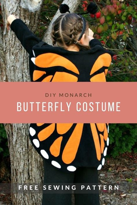 FREE Sewing pattern for the DIY Monarch Butterfly Costume. This fleecy costume is really warm and cuddly to wear. And thanks to the handmade fleece clothing underneath plus the all-important fleece wings, that double as a cape, there really is no need to wear a coat! And of course, the whole butterfly look wouldn't be complete without some fuzzy antennae. This butterfly costume is built to last. It's really warm, looks pretty close to the real thing, and does not take long to make. We are sure t Diy Monarch Butterfly, Snow Owl Costume, Diy Butterfly Costume, Free Kids Sewing Patterns, Things To Sew For Kids, Monarch Butterfly Costume, Fleece Clothing, Butterfly Halloween Costume, Butterfly Wings Costume