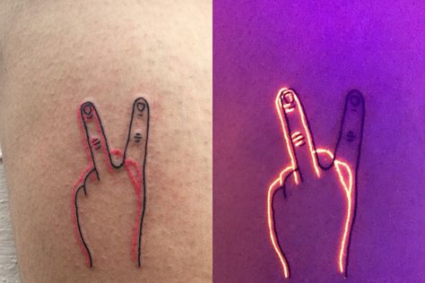 Neon Glow Tattoo, Black Light Ink Tattoo, Glow In Dark Tattoo Ideas, Uv Light Drawing, Glow In The Dark Tattoo Ink, Neon Ink Tattoo, Glow Worm Tattoo, Black Light Tattoos For Women, Uv Lightning Tattoo