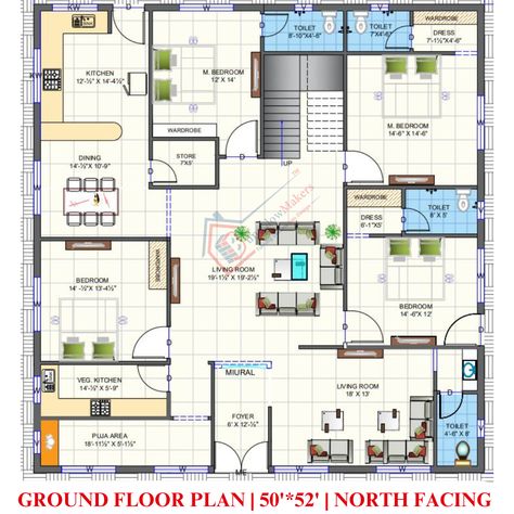 North facing 3 BHK House plan for ground floor in 2500 sqft area (Approx). 3 Bhk House Plan Indian Vastu East Facing, 2000 Sq Ft House Plans India, 3 Bhk House Plan Indian Vastu, 50x60 House Plans Layout, 5 Bhk House Plan, 3 Bhk House Plan, 3bhk House Plan, North Facing House Plan, Bungalow Plan