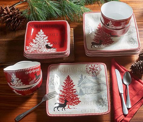 Amazon.com: 222 Fifth Northwood Cottage 12-Piece Porcelain Dinnerware Set with Square Plates, Bowls, and Mugs, Red and White : Everything Else Red Dinnerware Set, Toile Christmas, Morning Pancakes, Christmas Porcelain, White Dinnerware Set, Holiday Dishes, Christmas China, Red Bowl, Plates And Bowls Set