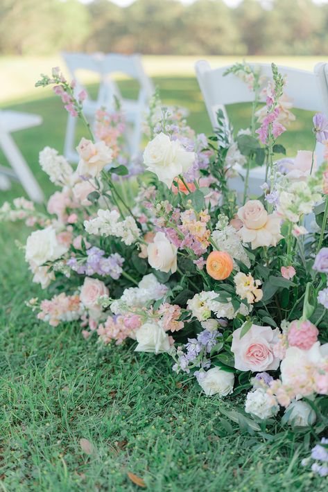 Pastel Wedding Ceremony Flowers, Colorful Floral Chuppah, Pastel Wedding Aisle, Pastel Aisle Flowers, Whimsical Flowers Wedding, Wedding Aisle Flowers On Ground, Pastel Wedding Arch, Pastel Wedding Ceremony, Muted Pastel Wedding