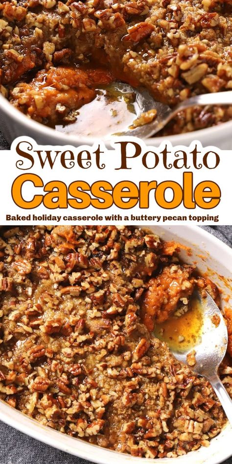 An easy baked sweet potato casserole recipe with a delicious buttery crunch topping that is just sweet enough to show on your holiday or Thanksgiving table. The Best Sweet Potato Casserole, Sweet Potato Crunch, Easy Sweet Potato Casserole, Spicy Pecans, Bourbon Sweet Potatoes, Holiday Casseroles, Best Sweet Potato Casserole, Best Sweet Potato, Sweet Potato Casserole Easy