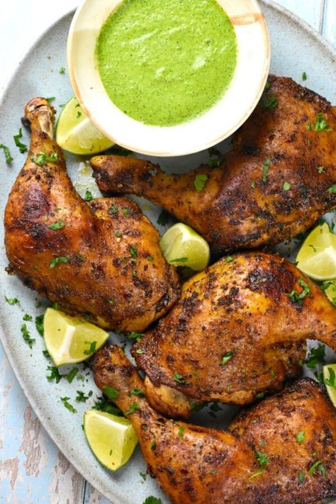 Peruvian Chicken (Pollo a la Brasa) - GypsyPlate Leg Quarters Recipes, Chicken Leg Quarters Recipes, Peruvian Party, Latino Dishes, Peruvian Green Sauce, Crispy Skin Chicken, Chicken Quarter Recipes, Chicken Leg Quarter Recipes, Protein Dinners