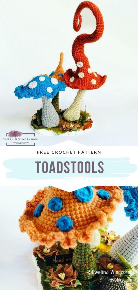 Toadstools Free Crochet Pattern This is a one-of-a-kind decoration for autumn! #crochetmushroom #fallcrochet #freecrochetpattern Mushroom Tutorial, Mushroom Patterns, Mushroom Crochet Pattern, Amigurumi Mushroom, Mushroom Crochet, Crochet Fairy, Crochet Mushroom, Crochet Plant, Crochet Design Pattern