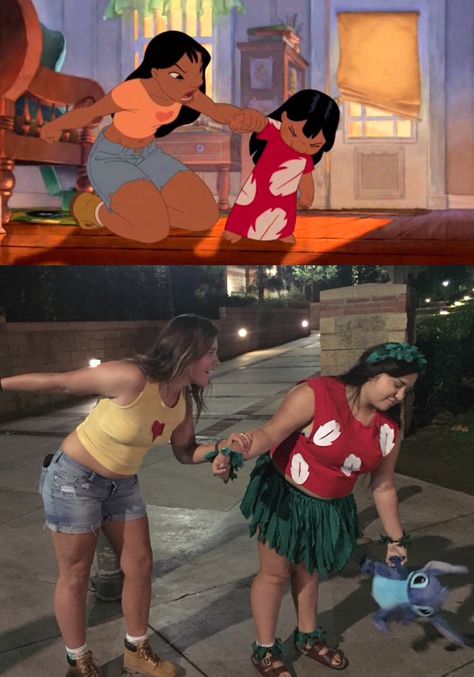 Lilo and her older sister Nani costume ❤️ Lilo And Sister Costume, Lilos Older Sister Costume, Halloween Costumes For Aunt And Niece, Lilo Older Sister, Two Sisters Halloween Costumes, Lilo Sister Nani, Lilo And Stitch Older Sister, Lilo And Stitch Group Costume, Lilo And Stitch Running Costume