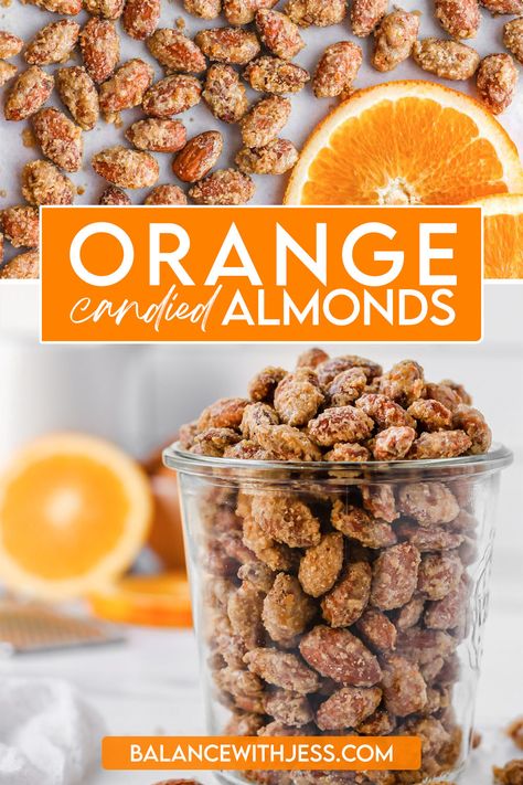 Once you try these easy Orange Candied Almonds, you won't be able to put them down! Perfectly sweet and crunchy with a surprising but delicious citrus twist. They're versatile enough to enjoy as a snack, dessert, or as a topping for salad. Plus, candied nuts are the perfect holiday gift! Dairy free, gluten free, 6 ingredients. Orange Candied Almonds, Candied Walnuts Christmas Gift, Candied Spiced Nuts Recipe, Candied Nuts For Salad, Flavored Nuts Recipes Holidays, Spiced Nuts Recipe Savory, Flavored Nuts Recipes, Pistachio Nuts Recipes, Almond Snack Recipes