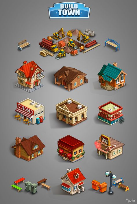 Graphics for game «Build a town» on Behance Idle Game, Cartoon House, Building Concept, Isometric Art, Isometric Design, Game Props, Low Poly Art, Isometric Illustration, Game Illustration