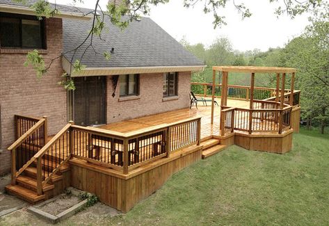 Cabin Pergola, Sunroom Deck, Corner Deck, Wraparound Deck, Outdoor Awnings, Building A Porch, Patio Deck Designs, Deck Designs Backyard, Wrap Around Deck