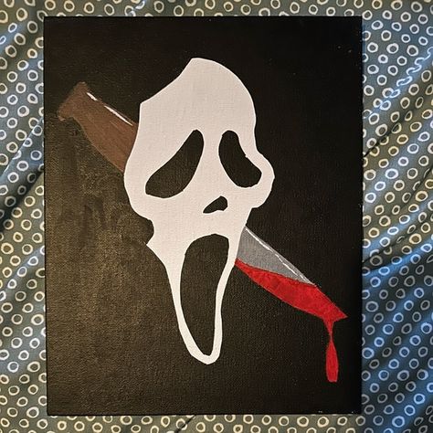 Ghostface Painting Ghostface Acrylic Painting, Easy To Paint Halloween Canvas, Easy Ghost Face Painting, Gothic Style Painting, Easy Scream Painting, Easy Canvas Halloween Painting, Halloween Painting Ideas On Canvas Easy Scary, Simple Spooky Painting Ideas, Scary Movie Paintings Easy