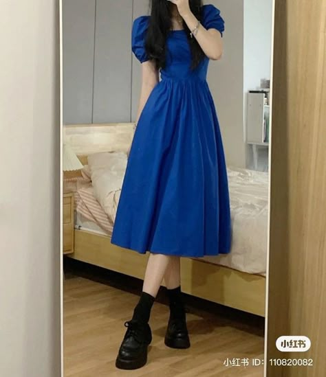 Below Knee Length Dresses, Girly Dress Aesthetic, Short Froke, Vestidos Juveniles Aesthetic, Royal Blue Dress Outfit Casual, Korean Dress Ideas, Korean Frocks, Vestidos Korean Style, Royal Blue Outfit Ideas