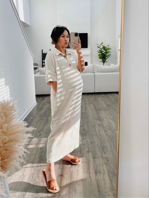 Neutral Beige Linen Maxi Dress | Shop Maternity Dresses Maternity Outfits Short Women, Linen Pregnancy Outfit, Linen Pants Pregnancy Outfit, Church Maternity Outfit, Spring Summer Maternity Outfits, Neutral Maternity Outfit, 90s Pregnancy Outfits, Neutral Maternity Dress, Pregnancy Clothes Dresses